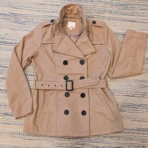 BONGO Camel Tan Pea Coat Double-Breasted Belted Size L